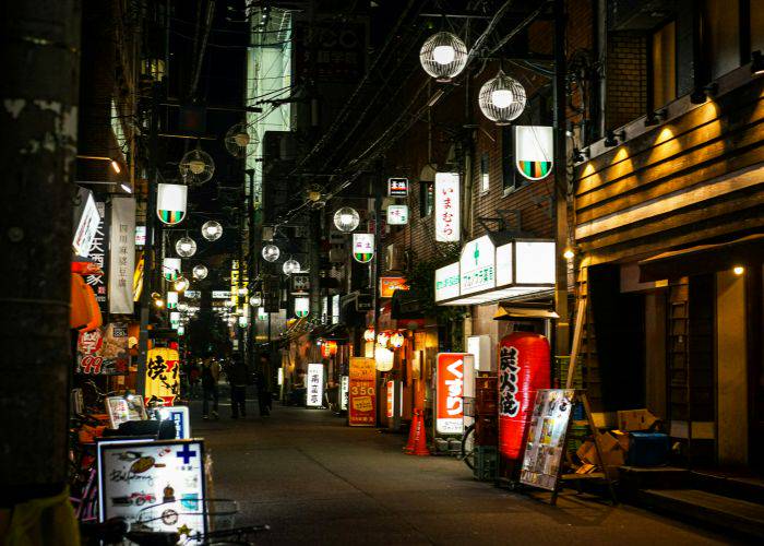 The Osaka backstreets at night, lit up by the signs and lanterns of bars and food stalls.